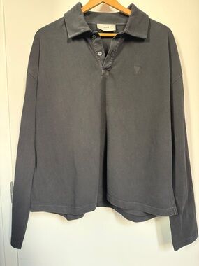 Ami Men's Long-Sleeve Polo in Charcoal Gray